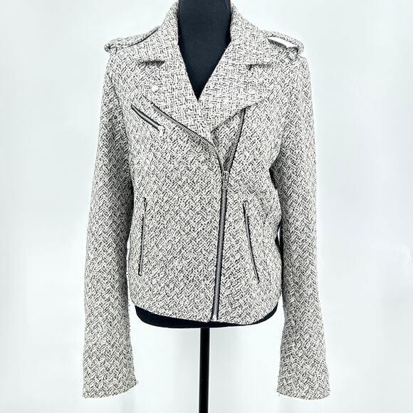 Herringbone Wool Tweed Moto Jacket Warm Textured Black White Women’s M Tall - Picture 1 of 9